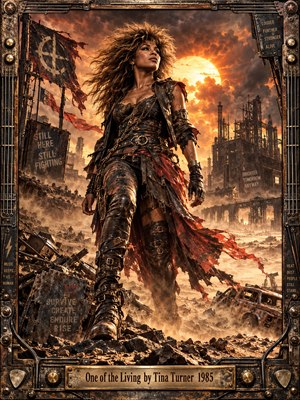 A defiant, windblown woman strides across a ruined wasteland beneath a blazing orange sun. Tattered leather, flying red fabric, wrecked vehicles, and skeletal factories create a fierce postapocalyptic atmosphere. Dramatic golden backlighting cuts through dust and smoke, while an intricately riveted metallic frame reinforces the cinematic 1980s rock aesthetic.