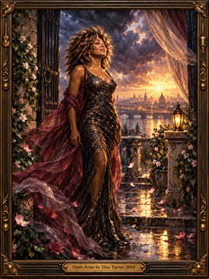 A poised woman in a shimmering black gown stands on a flower-lined terrace, her burgundy shawl sweeping through the breeze. Golden sunlight breaks through violet storm clouds above a distant river city, illuminating rain-slick stones and scattered petals. Rich painterly textures and an ornate bronze musical frame evoke resilience and tenderness.