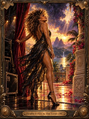 A powerful woman in a shimmering black gown parts crimson stage curtains toward a radiant tropical paradise. Golden sunset illuminates distant mountains, waterfalls, palms, and scattered flowers beneath dramatic violet clouds. Rich painterly textures, reflective stone, and theatrical lighting convey freedom and triumph, surrounded by an ornate bronze musical frame.
