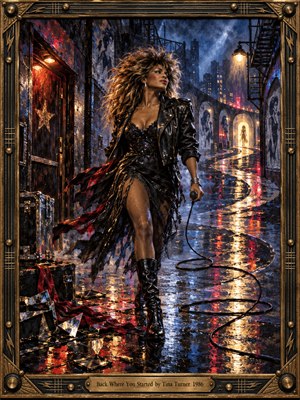 A powerful woman strides through a rain-soaked city alley, her windswept hair and flowing black attire radiating defiance. Crimson, blue, and golden reflections illuminate winding pavement beneath dramatic nocturnal skies. Shadowy buildings, distant arches, and scattered stage equipment enrich the textured painting, enclosed within an ornate bronze musical frame.
