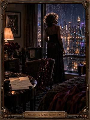 A solitary singer in a shimmering black gown gazes through a rain-streaked hotel window at glowing city lights. Amber lamplight warms roses, a microphone, and an unfinished letter, while deep blue and violet shadows suggest longing. Cinematic photographic realism, delicate reflections, and an ornate bronze frame heighten the melancholy.
