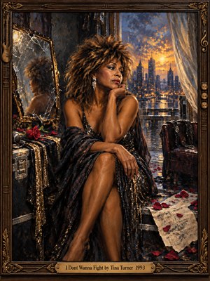 A glamorous, weary woman sits in a shadowy dressing room, gazing toward a rain-soaked city glowing at sunset. A cracked mirror, abandoned microphone, red roses, and scattered petals suggest heartbreak and resilience. Rich oil-painted textures blend charcoal, bronze, and amber, enclosed by an ornate musical frame and engraved title plate.