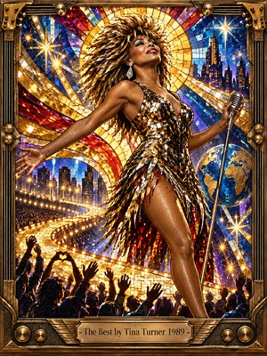 Tina Turner commands a glittering stage in a radiant stained-glass mosaic, her golden hair sweeping dramatically above cheering crowds. Brilliant amber, sapphire, and crimson fragments illuminate a winding pathway, distant skyline, and shimmering globe. Ornate bronze musical framing surrounds this triumphant celebration of confidence, passion, and electrifying performance.