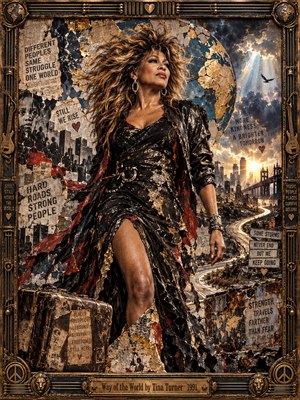 Tina Turner strides through a storm-torn cityscape beneath a fractured golden globe. Windblown hair and shimmering black clothing dominate the foreground, while torn posters, weathered maps, and a winding road evoke resilience. Golden sunlight breaks through charcoal clouds, illuminating a richly textured collage within an ornate guitar-themed bronze frame.