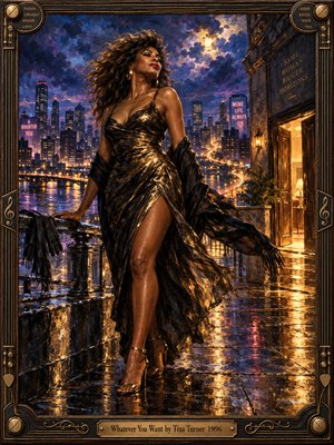 A confident woman in a shimmering gold dress stands on a rain-slick city terrace, her dark shawl sweeping through the wind. Violet storm clouds frame a glowing skyline, while amber light spills from an open doorway. Rich, expressive oil brushwork creates cinematic glamour within an ornate bronze musical frame.