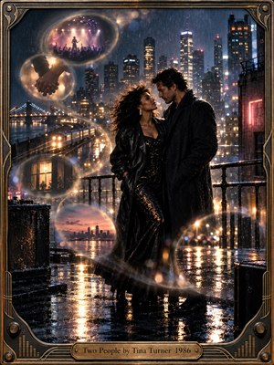 A couple stands close on a rain-slick city terrace, framed by glowing skyscrapers and distant trains. Amber reflections cut through midnight blue shadows as translucent memory bubbles spiral beside them, revealing hands, music, and fading horizons. Cinematic 1980s photography and an ornate bronze frame evoke resilient, intimate romance.