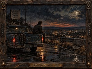 A solitary man sits on a weathered pickup overlooking a glowing town beneath storm-heavy skies. Wet pavement reflects red taillights and fading sunset tones, creating a brooding, reflective mood. Painterly textures, muted blues, rust, amber light, roadside signs, telephone poles, and an ornate wood-and-metal frame deepen the sense of isolation.