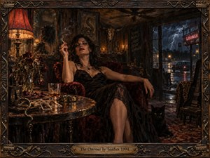 A dark-haired woman reclines confidently in a worn red velvet chair inside a shadowy roadside lounge, surrounded by wilted roses, whiskey, smoke, mirrors, and a watchful black cat. Warm amber lamps contrast with storm-blue lightning outside, while aged wood, bronze ornament, and painterly textures create a seductive, gothic, handcrafted atmosphere.