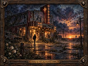 A lone figure approaches a weathered, glowing theater at twilight, surrounded by cracked pavement, wildflowers, and an abandoned car. Storm clouds part over a fiery horizon, reflecting in rain puddles. Warm amber lights contrast with deep blues and rust tones, creating a haunting, hopeful, painterly atmosphere of renewal and return.