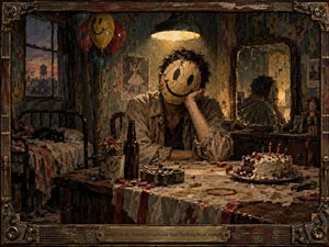 A weary figure wearing a cracked smiley-face mask sits in a decaying bedroom after a ruined celebration. Warm amber light cuts through deep browns, faded reds, and dirty yellows, illuminating balloons, cake, bottles, shattered glass, and peeling walls. The textured, painterly scene feels claustrophobic, melancholic, ironic, and quietly unsettling.