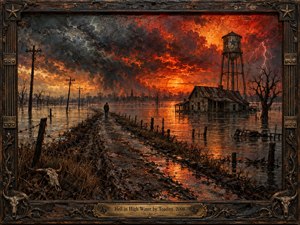A lone figure walks a flooded rural road beneath a violent red-orange storm, surrounded by drowned fields, bare trees, leaning power lines, and a weathered house beneath a rusted water tower. Thick, textured brushwork, reflective water, fiery sunset light, and a dark carved frame create a brooding, apocalyptic Southern atmosphere.
