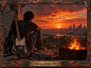 A solitary guitarist sits among crumbling ruins, overlooking a distant city beneath a blazing orange sunset. A rusted barrel fire echoes the fiery sky, creating a tense, reflective mood. Distressed wood, metal, graffiti, worn guitar surfaces, deep shadows, and cinematic lighting give the handcrafted rock artwork a weathered, rebellious character.