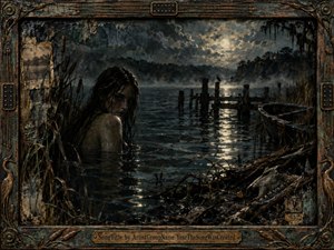 A drenched figure emerges from a shadowy moonlit lake, surrounded by reeds, broken pilings, a weathered boat, and tangled driftwood. Deep blue-green, charcoal, and bronze tones create a tense, gothic mood, while silvery reflections cut across the water. Layered painterly textures and an aged, instrument-inspired frame give the scene a haunting handcrafted quality.