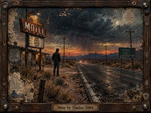 A solitary figure stands beside a weathered desert highway at dusk, watching distant taillights vanish beneath storm-heavy skies. Rusted motel signs, telephone poles, and scrub frame the lonely scene in muted ochres, charcoal blues, and amber light. Distressed mixed-media textures, scratched paint, collage fragments, and a rugged guitar-inspired frame deepen the haunted, restless mood.