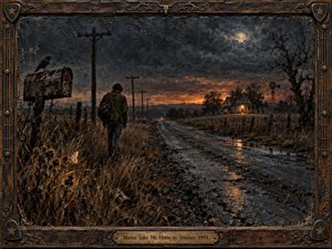 A solitary traveler walks a rain-darkened rural road toward a warmly lit farmhouse beneath a turbulent dusk sky. Rusted mailboxes, telephone poles, barren trees, and soaked fields deepen the lonely mood. Moody charcoal, bronze, and amber tones, reflective puddles, textured brushwork, and an ornate weathered frame create a haunting, handcrafted atmosphere.