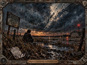 A solitary figure sits beside an abandoned airstrip beneath a violently fractured storm sky, surrounded by weeds, rusted signs, wreckage, and rain-slick pavement. Deep blues, charcoal grays, and muted orange light create a brooding, ominous mood. Red warning beacons, reflective puddles, and a weathered metal frame intensify the hand-painted industrial atmosphere.