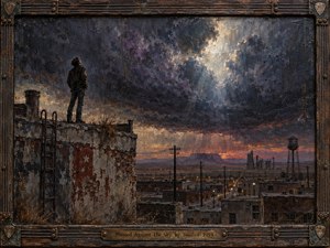 A lone figure stands on a crumbling rooftop beneath a vast, storm-choked sky, overlooking a worn industrial town at dusk. Deep charcoal, violet, rust, and amber tones create a tense, reflective mood. Dramatic light breaks through heavy clouds, while textured painterly surfaces, weathered architecture, utility poles, and a rugged handcrafted frame intensify the atmosphere.