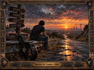 A solitary young man sits beside a weathered highway at sunset, his battered guitar case leaning nearby as a winding road descends toward a distant city. Rusted signs, cracked pavement, storm-dark clouds, and glowing orange light create a brooding, reflective mood, framed by distressed metal, guitar strings, and rugged Texas-inspired ornament.