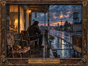 A solitary man sits on a rain-soaked motel porch at dusk, watching taillights disappear down a reflective road. Warm amber window light contrasts with stormy blues and fiery clouds, creating a mood of resignation and lingering attachment. Painterly textures, weathered chairs, wildflowers, water towers, and distressed framing deepen the melancholy.