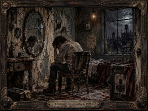 A solitary man sits hunched in a decaying bedroom, reflected in a shattered mirror beneath peeling walls and a bare bulb. Cold moonlight and warm amber light reveal rust, torn fabric, red cords, and rain-streaked windows. The gritty mixed-media style, muted blues, browns, and industrial frame create a tense, wounded atmosphere.