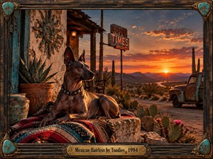 A sleek hairless dog rests on a woven blanket outside a weathered desert building at sunset, surrounded by agave, cactus, an old pickup, and glowing roadside neon. Warm amber light, turquoise accents, rugged textures, and distant mountains create a nostalgic Southwestern mood, framed by ornate aged metalwork and a brass title plate.