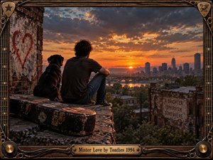 A solitary man and black dog sit on a weathered rooftop overlooking a glowing city sunset, surrounded by crumbling brick, graffiti, and a battered guitar case. Warm orange light cuts through heavy clouds, balancing melancholy with hope. A distressed guitar-inspired frame and brass title plate reinforce the gritty alternative-rock atmosphere.