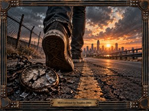 A lone figure strides along a cracked industrial roadway toward a glowing city skyline at sunset, leaving broken chains and a shattered clock behind. Warm amber light cuts through stormy clouds, reflecting across worn asphalt. Photorealistic textures, dramatic perspective, distressed metal framing, guitar-inspired details, and a brass title plate create a determined, gritty mood.
