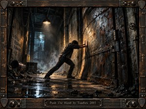 A lone figure strains against a massive rusted metal door inside a decaying industrial corridor, creating a mood of resistance, frustration, and determination. Warm amber light cuts through cold blue haze, reflecting in puddles and highlighting worn steel, pipes, chains, and debris. A distressed guitar-inspired frame reinforces the gritty alternative-rock atmosphere.