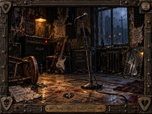A deserted rehearsal room glows with warm amber lamplight against cold blue rain filtering through grimy windows. A lone microphone anchors the scarred wooden floor, surrounded by a battered guitar, amplifier, broken mirror, cables, and debris. Rich grunge textures, deep shadows, and a distressed instrument-inspired frame create a brooding, defiant atmosphere.