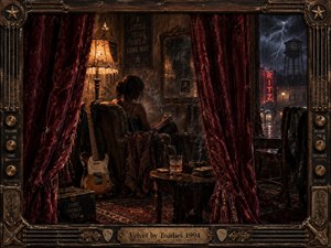 A solitary woman sits in a worn armchair behind parted crimson velvet curtains, surrounded by a battered guitar, glowing fringed lamp, smoky table, and storm-lit window. Deep burgundy, amber, black, and blue create a haunted, intimate mood. Rich painterly textures, tarnished metal, rain, neon, and an ornate musical frame evoke gritty 1990s alternative rock.