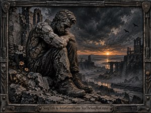 A solitary stone-skinned man sits curled among shattered ruins, overlooking a bleak valley beneath turbulent storm clouds and a fading amber sun. Cracked textures, worn boots, fragile wildflowers, distant towers, and circling birds deepen the melancholy. The dark metal frame, engraved title plate, muted grays, and cinematic lighting create a brooding handcrafted atmosphere.