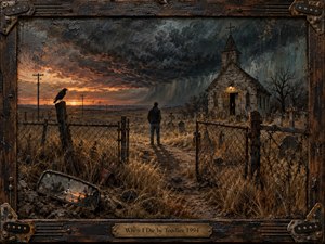 A lone figure stands before a weathered churchyard beneath a violent twilight storm, framed by rusted chain-link gates, dry grass, gravestones, and a watchful raven. Burnt orange sunset light contrasts with charcoal clouds and muted earth tones. Thick painterly textures, distressed wood, metal hardware, and a cracked mirror deepen the haunted, reflective mood.