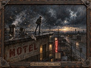 A lone figure stands against fierce wind on a weathered motel rooftop, overlooking a rain-dark highway beneath turbulent storm clouds. Cold blue-gray tones, rust, and neon red surround a thin golden horizon. Textured oil-and-charcoal surfaces, flying papers, steam, and distressed guitar-inspired framing create a gritty, tense atmosphere of endurance and fragile hope.