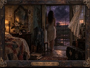 A lone woman in a pale dress stands barefoot in a weathered doorway, facing a storm-darkened rural horizon. Warm amber lamplight contrasts with violet clouds, wet fields, and fading sunset. Rich oil-and-charcoal textures, lace curtains, aged wood, magnolia blossoms, vintage objects, and an ornate distressed frame create a haunting, intimate Southern Gothic mood.