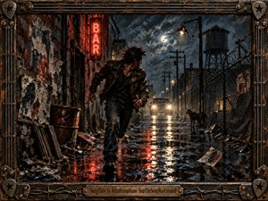 A desperate figure runs through a rain-soaked industrial alley beneath stormy moonlight, glancing back toward glaring headlights. Rusted fences, torn posters, a water tower, and red neon reflections create a tense urban atmosphere. Thick painterly textures, blackened metal, amber light, and blood-red highlights intensify the gritty, cinematic mood.