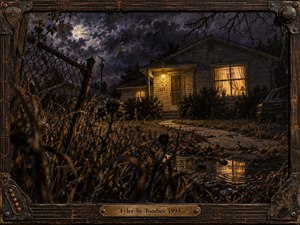 A weathered suburban house glows beneath a turbulent moonlit sky, its warm windows contrasting with deep blue-black clouds and tangled shadows. Viewed through an overgrown yard and leaning chain-link fence, the scene feels tense, secretive, and ominous. Rich painterly textures, wet reflections, distressed wood, and a rugged metal frame intensify the uneasy nocturnal atmosphere.