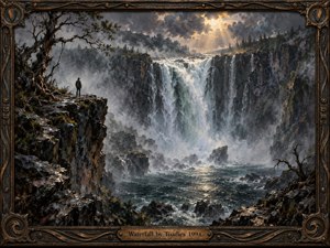 A vast waterfall crashes through a dark, rocky canyon, shrouded in mist and lit by dramatic shafts of golden sunlight breaking through storm clouds. A lone figure stands on a cliff beneath a twisted tree, emphasizing solitude and scale. Painted in a richly textured, moody style, the scene is enclosed by an ornate bronze frame.