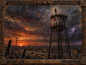 A lone figure stands atop a rusted water tower above a desolate town at sunset, surrounded by brooding storm clouds and circling birds. Fiery orange light fades into bruised purple and charcoal skies. Thick, textured brushwork and weathered industrial details create a tense, isolated, post-grunge atmosphere framed in distressed metal.