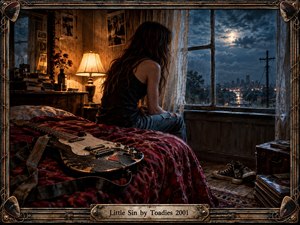 A solitary woman sits beside a rain-darkened window in a worn bedroom, surrounded by records, books, flowers, and a battered electric guitar. Warm amber lamplight contrasts with cool blue moonlight, creating a tense, reflective mood. Rich textures, deep shadows, vintage details, and an ornate guitar-inspired frame give the scene cinematic realism.