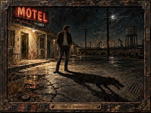 A solitary man stands outside a decaying roadside motel at night, his long shadow forming a sinister hound across rain-slick pavement. Red neon, amber doorway light, and cold moonlight illuminate oil pumps, power lines, and a rusted truck. Distressed wood, scratched paint, iron fittings, and a weathered frame create a gritty handcrafted atmosphere.