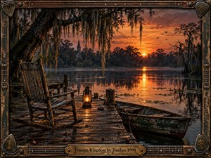 A weathered wooden dock stretches into a dark, misty swamp beneath a fiery orange sunset, with an empty rocking chair, glowing lantern, and battered green rowboat creating a tense, solitary mood. Moss-draped trees, distant church steeple, reflective water, and a distressed guitar-inspired frame give the scene a cinematic Southern Gothic character.