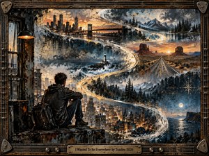 A solitary traveler sits above a glowing city as a luminous S-curve sweeps through stormy coastlines, desert highways, mountain lakes, and distant skylines. Moody blues, rust, ochre, and warm gold create restless longing. Gritty mixed-media textures, dramatic lighting, weathered surfaces, and a guitar-inspired metal frame deepen the sense of wandering.