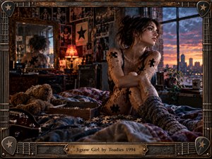 A solitary woman sits on a rumpled bed in a dim, poster-covered room, her skin appearing assembled from jigsaw pieces. Warm amber lamplight contrasts with cool blue twilight beyond the window, creating a tense, introspective mood. Rich textures, scattered puzzle pieces, guitar details, and a weathered metal frame deepen the cinematic realism.