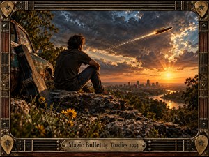 A solitary young man sits on a rocky overlook beside a weathered truck and guitar case, watching a glowing bullet streak across a stormy sunset sky above a distant river city. Warm amber light and deep blue shadows create a tense, reflective mood in this richly detailed, cinematic, surreal-realist composition.