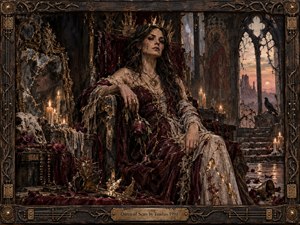 A scarred queen sits amid a ruined gothic chapel, framed by cracked mirrors, candles, wilted roses, and tarnished relics. Deep burgundy, charcoal, ivory, and aged gold dominate the moody scene, while warm candlelight softens the decay. Rich painterly textures, weathered fabrics, and ornate framing create a haunting, regal atmosphere.