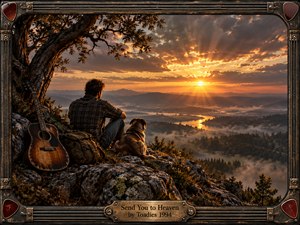 A solitary man and his dog sit on a rugged cliff beside a weathered guitar, overlooking a mist-filled valley at sunset. Golden light breaks through dramatic clouds, illuminating winding water and distant mountains. Rich earth tones, cinematic realism, textured rocks, and a guitar-inspired metal frame create a reflective, nostalgic atmosphere.