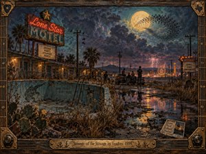 A weathered roadside motel, drained pool, distant carnival, and brooding figures inhabit a strange Texas summer night beneath a glowing moon and storm-filled sky. Dusty teal, amber, violet, and deep blue tones mingle with neon reflections and lightning. Rich oil-and-wax textures, cacti, birds, puddles, and guitar-inspired framing deepen the eerie nostalgia.