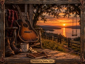 A weathered guitar rests beside boots, wildflowers, a mug, and a journal on a rustic porch overlooking a glowing lakeside sunset. Warm amber light, deep woodland shadows, aged wood, and metal textures create a nostalgic, reflective mood, while the distant swing and winding path add quiet longing and emotional depth.