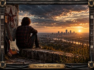 A solitary figure in a plaid shirt sits beside a weathered electric guitar, overlooking a glowing city at sunset. Dramatic clouds, amber light, distant towers, river reflections, and wildflowers create a reflective, bittersweet mood. A rugged guitar-themed frame with metal details and an engraved brass title plate completes the cinematic, photorealistic composition.