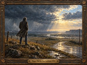 A lone man in a weathered coat stands above a winding rain-soaked road, surveying a vast prairie beneath retreating storm clouds. Golden sunlight breaks across distant hills and glistening water, suggesting resilience and quiet resolve. Rich oil paint textures, muted blues, earthy browns, and an ornate guitar-inspired frame complete the scene.